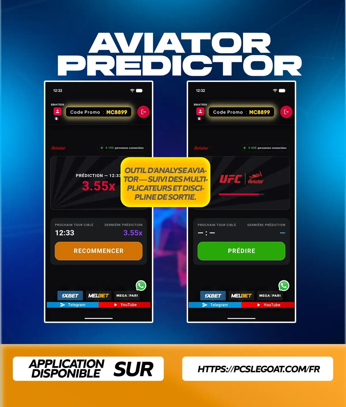 Flyer de l'application Aviator Predictor : la courbe du jeu Aviator affichée sur un téléphone, sur fond bleu nuit.