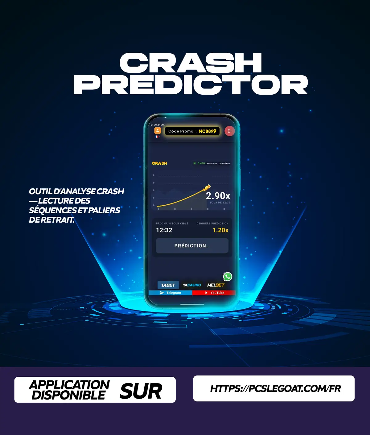 Flyer de l'application Crash Predictor : l'interface du prédicteur sur téléphone, sur fond sombre.