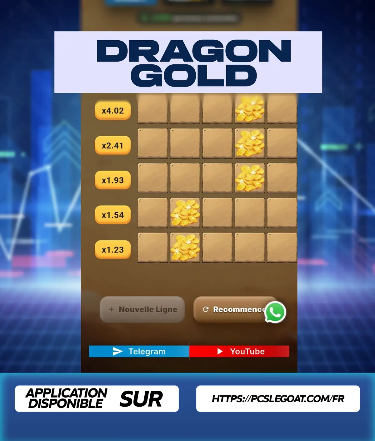 Flyer de l'application Dragons Gold Predictor : la grille du jeu affichée sur téléphone, sur fond doré.