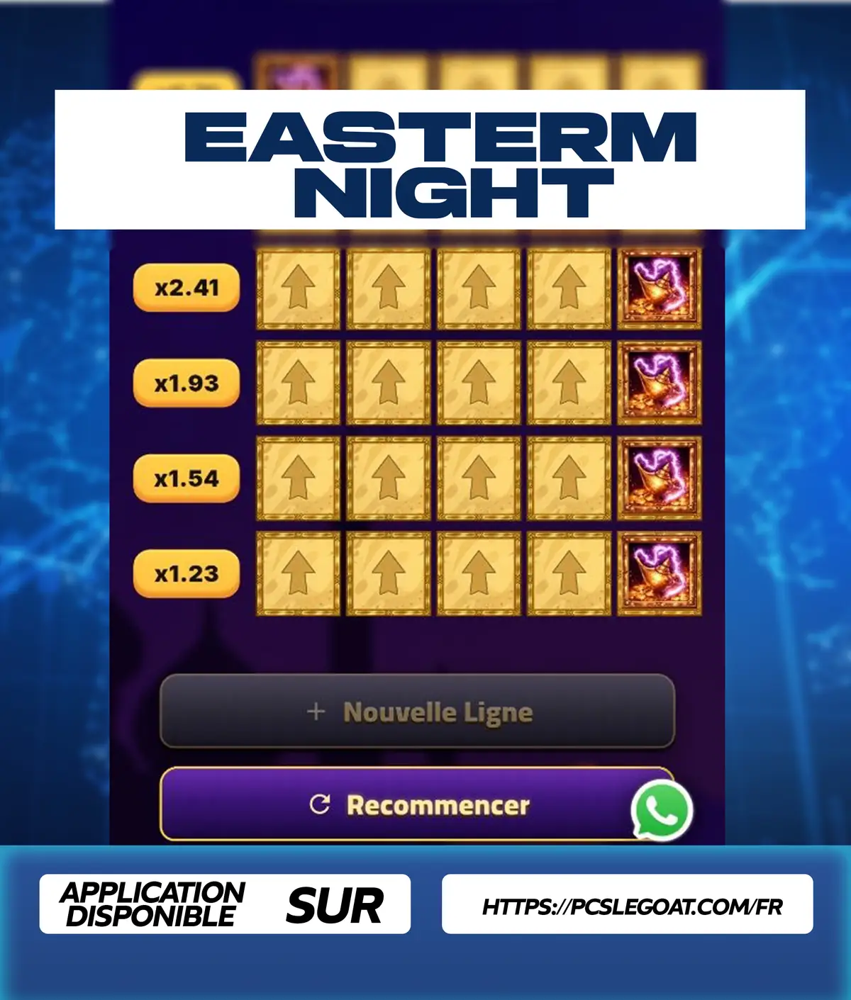 Flyer de l'application Eastern Nights Predictor : la grille du jeu sur téléphone, sur fond orangé.