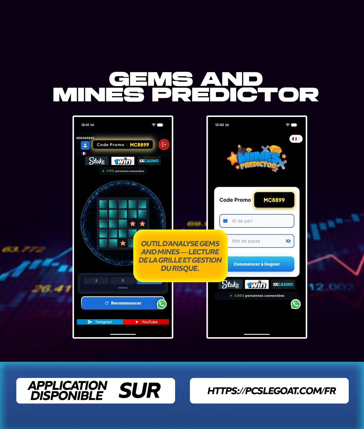 Flyer de l'application Gems and Mines Predictor : les deux écrans de l'outil présentés côte à côte sur téléphone, la grille d'analyse et l'écran de connexion, sur fond bleu nuit.