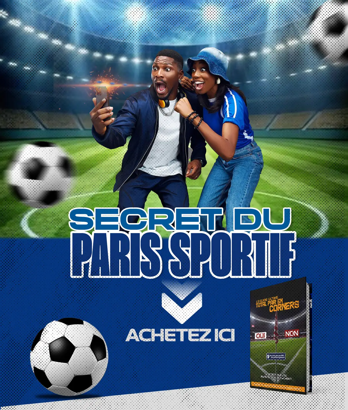 Flyer du Guide Ultime du Total Pair en Corners : deux supporters tiennent la couverture du guide consacré au marché des corners, sur un fond de terrain.