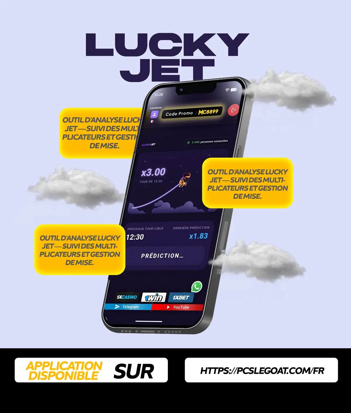 Flyer de l'application Lucky Jet Predictor : l'écran du jeu Lucky Jet sur téléphone, sur fond jaune.