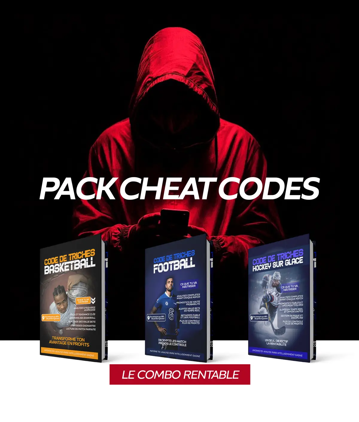 Flyer du Pack Cheat Codes : les couvertures des trois guides Code de Triches alignées sur fond sombre.