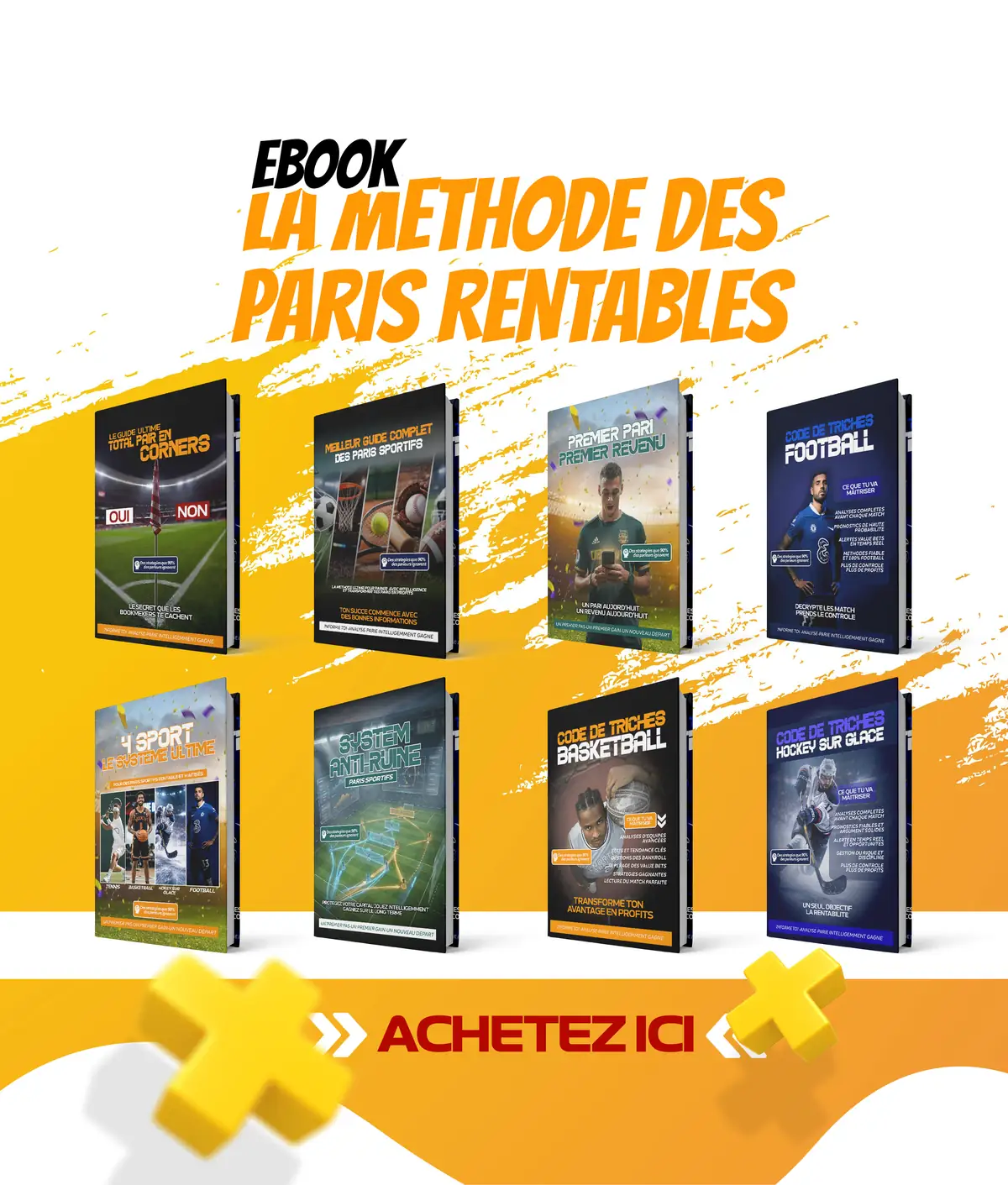 Flyer du Pack VIP Complet : les huit couvertures des ebooks PCS LE GOAT alignées sur deux rangées, sur fond orange et blanc.