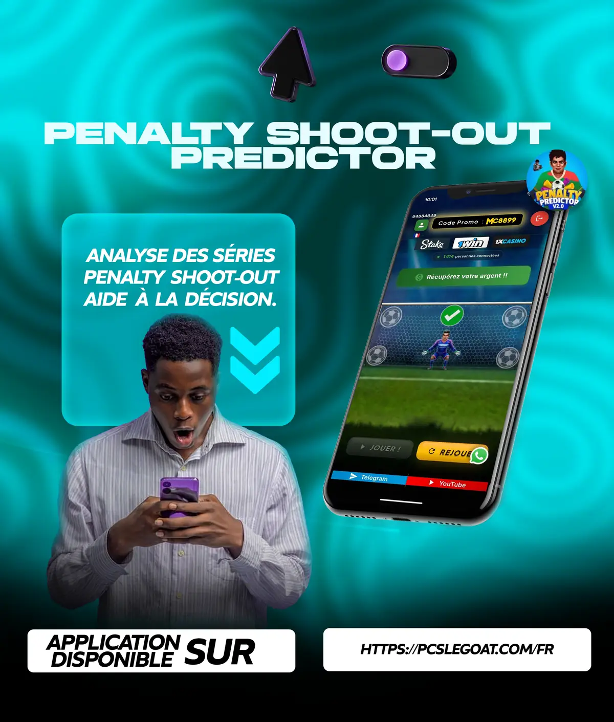 Flyer de l'application Penalty Shoot-Out Predictor : l'écran du jeu de tirs au but sur téléphone, sur fond bleu.