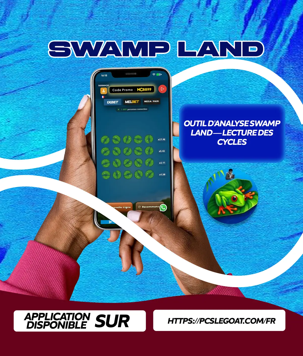 Flyer de l'application Swamp Land Predictor : la grille du jeu affichée sur téléphone, sur fond vert.