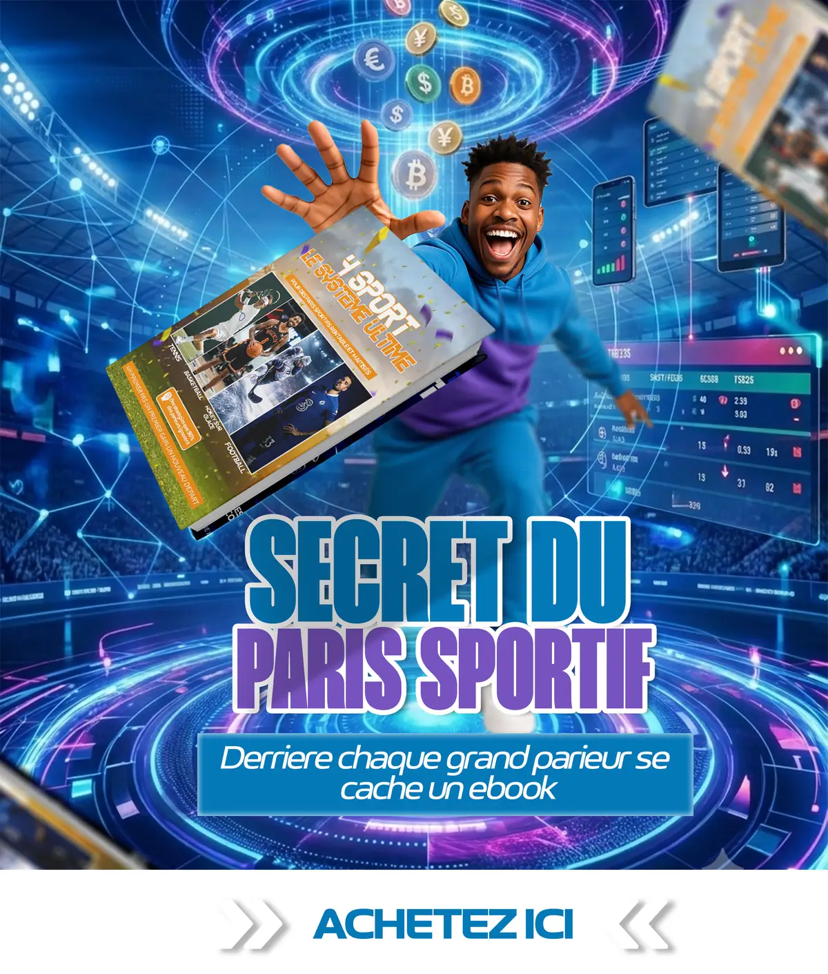 Flyer de l'ebook 04 Sports — Le Système Ultime : un parieur présente la couverture du guide, entouré des quatre sports couverts par la méthode.