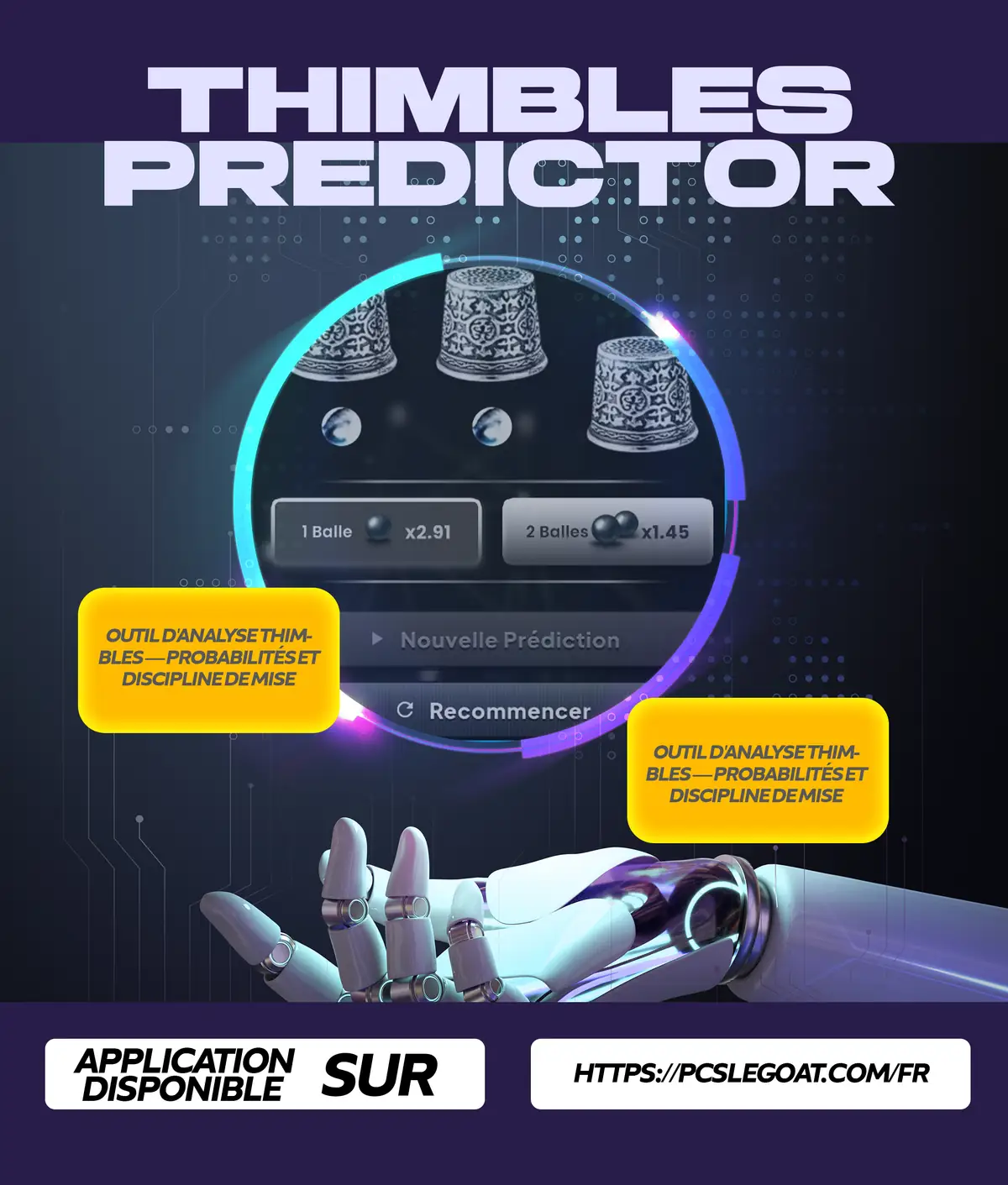Flyer de l'application Thimbles Predictor : le jeu des gobelets affiché sur téléphone, sur fond bleu.