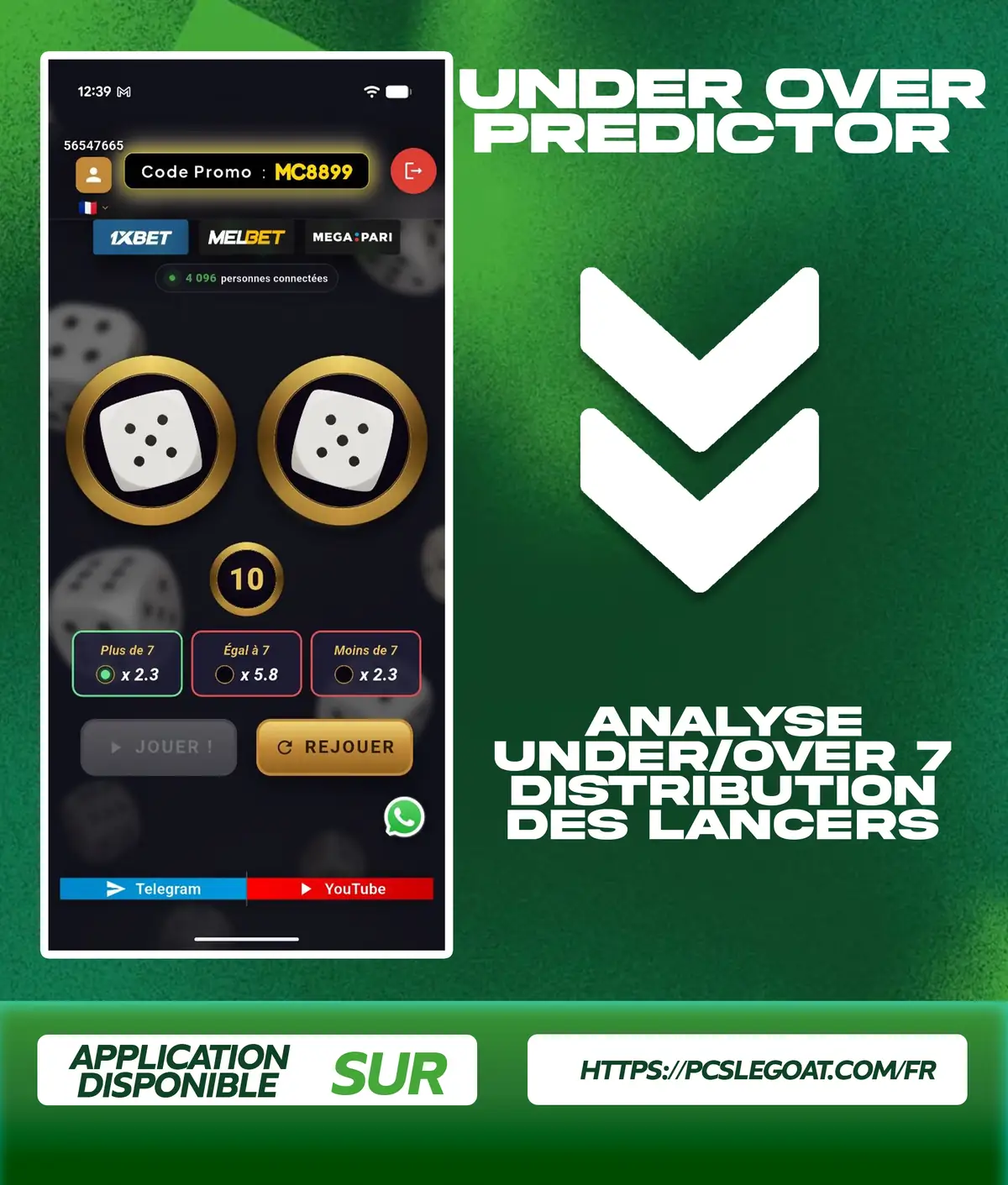 Flyer de l'application Under and Over 7 Predictor : l'écran du jeu sur téléphone, sur fond vert.